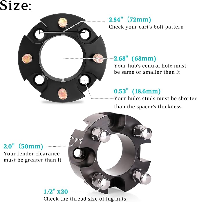 2 Inch Golf Cart Wheel Spacers Kit with Lug Nuts - for Yamaha,Club Car,EZGO, 4x4 Bolt Pattern, 68mm Hub Bore, 1/2-20 Studs, CNC Aluminum, 4 Pack Wheel Hub Adapters
