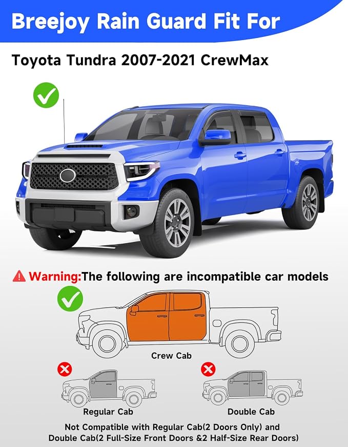 in-Channel Rain Guards Fit for Trucks Toyota Tundra 2007-2021 CrewMax, Extra Durable Window Rain Guards Visors Vent Visors Window Deflector Vent Shades Car Accessories -4 pcs