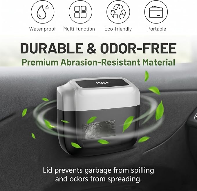 Car Trash Can with Lid, Waterproof Push-Open Garbage Box with 30 Trash Bags, Portable Hanging Door Side Storage Bucket, Large Capacity Organizer for Most Cars Trucks Vans (Silver)