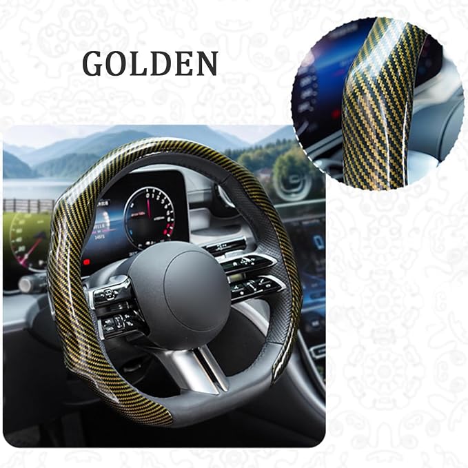 Car Steering Wheel Cover with Comfort Grip, 14.5-15" Carbon Fiber Laser Non-Slip Steering Wheel Protector, Cool Stylish Auto Interior Decor Accessories, Universal for Van SUV Sedan (Gold)