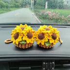 Cute Crochet Plant for Car Rear View Mirror,Boho Hanging Accessories Decor | Handmade for Women Girls,Green Interior Aesthetic Decor Truck Hanger Ornament Charm for Men(Sunflower)