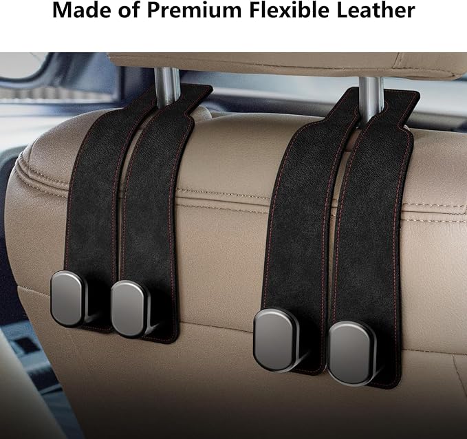 4 Pack Black Leather Car Headrest Hooks Purse Bag Storage Holders for Car Seats