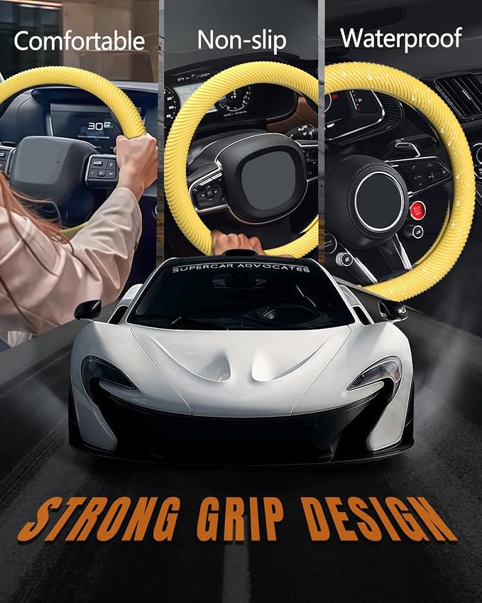 Car Steering Wheel Cover, Thin Anti-Skid Silicone Steering Wheel Cover for Men & Women, Universal Automotive Interior Accessories for Most Cars (Bright Yellow)