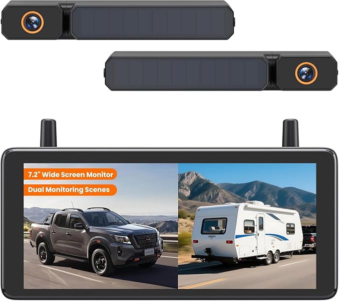 Solar Wireless Backup 2 Cameras: 2-Min DIY Install, Dual Channel Stable Signal DVR Monitor, 7.2" 1080P Super Night Vision, IP69K Waterproof Back Up Camera for Cars, Truck, Trailer, SUV, Van