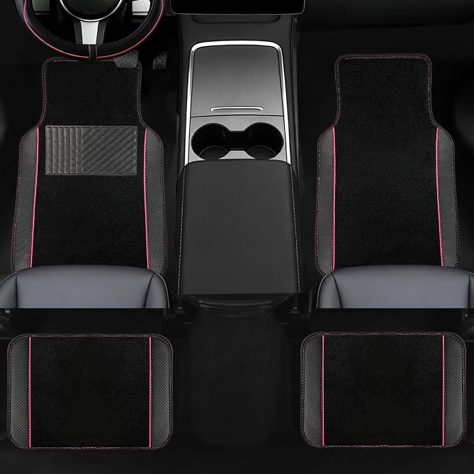 10 Pcs Car Floor Mats Full Set Car Accessories, Microfiber Leather Steering Wheel Covers 14.5-15 inch, Center Console Cover, Seat Belt Pads, Cup Coasters, Universal Interior Decor(Pink)