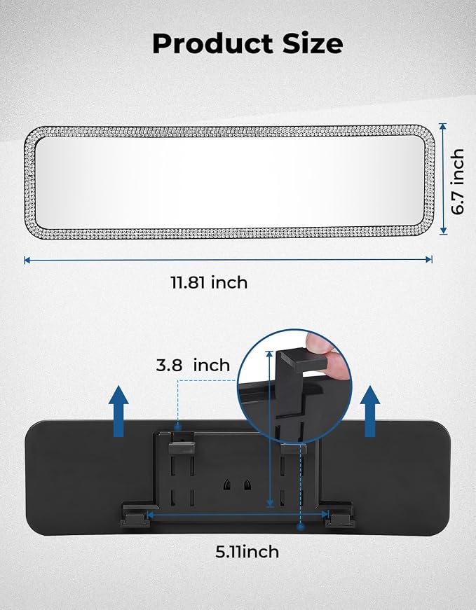 Rear View Mirror, Universal 12 Inch Panoramic Rearview Accessories with Bling Rhinestones Crystal Diamonds Edge, Interior Clip-on Wide Angle Rear View Mirror -White