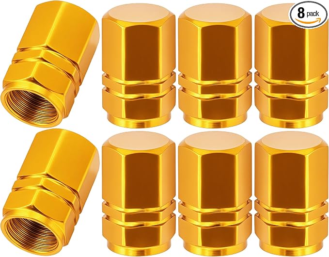 8PCS Tire Valve Stem Caps, with Rubber O-Ring, Corrosion Resistant Leak-Proof, Aluminum Alloy Universal Wheel Valve Covers for Cars, SUV, Trucks, Bikes, Motorcycles, Bicycles(Gold)