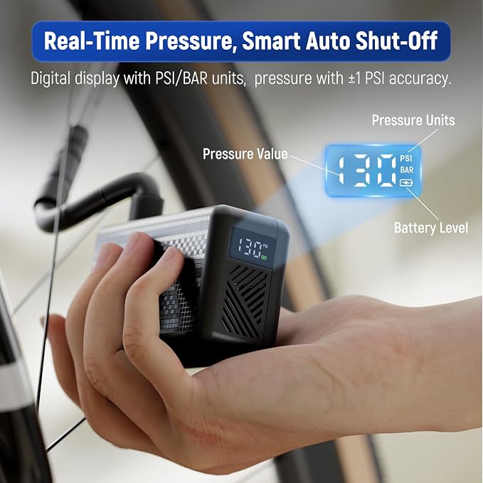 P2 Mini Electric Bike Pump with Gauge, 130PSI Portable Bicycle Pump with Presta & Schrader Valve, 800mAh Air Pump for Bike Tires, Auto Shut-Off, Fast Inflation for Road Bike, MTB, E-Bikes