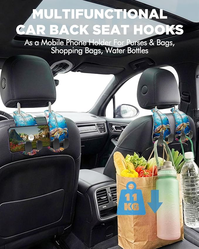 Purse Holder for Car, 2 Pack Heavy Duty Purse Hanger for Car, PU Leather Car Seat Hooks for Purses and Bags, Cute Turtle Headrest Organizer for Handbags & Backpacks