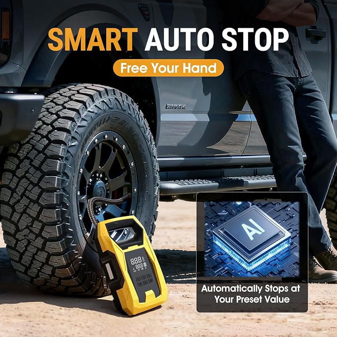Cordless Tire Inflator Portable Air Compressor, 150 PSI Portable Air Pump for Car Tires with Digital Dual Values Display, Tire Pump for Car, Bike, Motorcycle, Ball (with 7800mAh Battery)