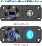 12V USB Outlet Marine Switch Panel Plug, PD3.0 and Dual QC3.0 USB Ports Aluminum Car Charger with LED Voltmeter Power Switch, Lighted 150W Cigarette Lighter Socket 2 in 1 DIY Kit for Boat RV ATV, etc.
