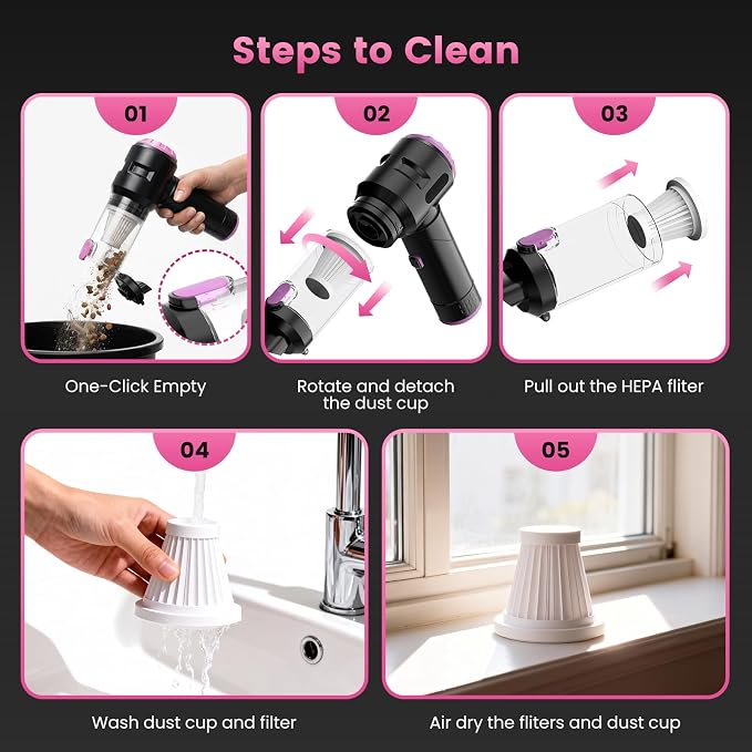 Handheld Car Vacuum Cleaner,25000PA Strong Cyclonic Suction Foldable Mini Vacuum Portable Cordless with Digital Display and One Touch Dust Removal for Car, Home, Office, Kitchen (Purple)