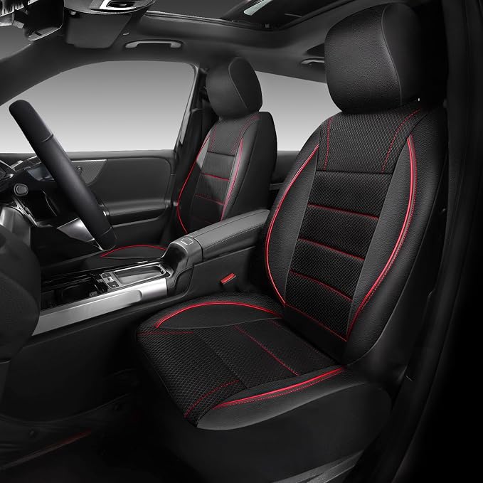 Mesh Leather Car Seat Covers Full Set,Breathable Mesh Faux Leather Seat Covers for Car, Universal Fit for SUV Truck Sedan Automotive, Airbag Compatible, Black and Red
