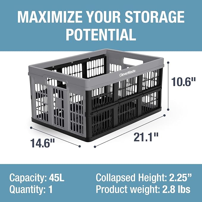 Collapsible Utility Crates, Ocean, 3 Pack, 45L/11 Gal, 66 lbs Capacity, Stackable Containers, Heavy Duty, Space-Saving Baskets,Polypropylene (PP)