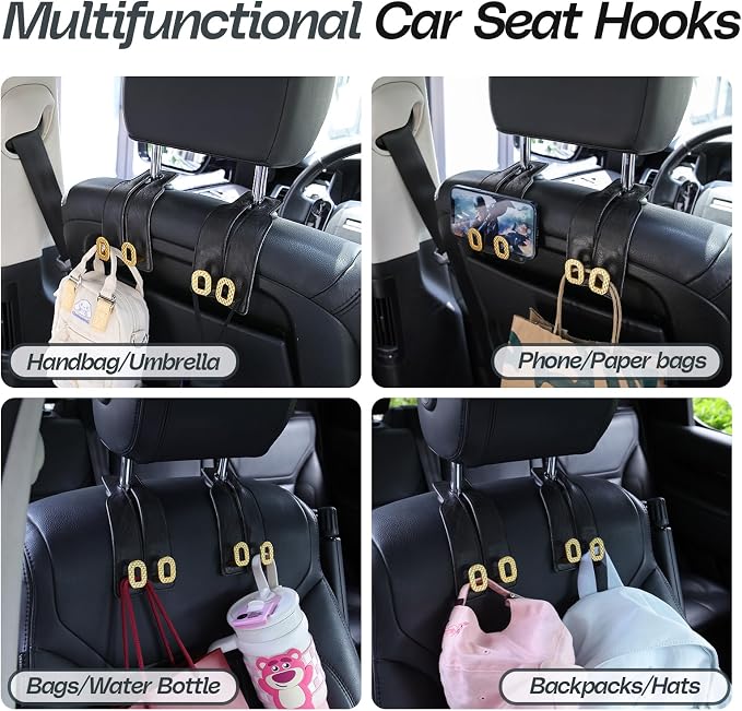 Car Headrest Hooks Universal Car Purse Hook Premium Leather and Alloy Twin Hook Car Seat Back Storage Hanger Hook for Purse Bags Cloth Drink Durable Holder Car Accessories (BH09-Black-Gold-4 Pcs)