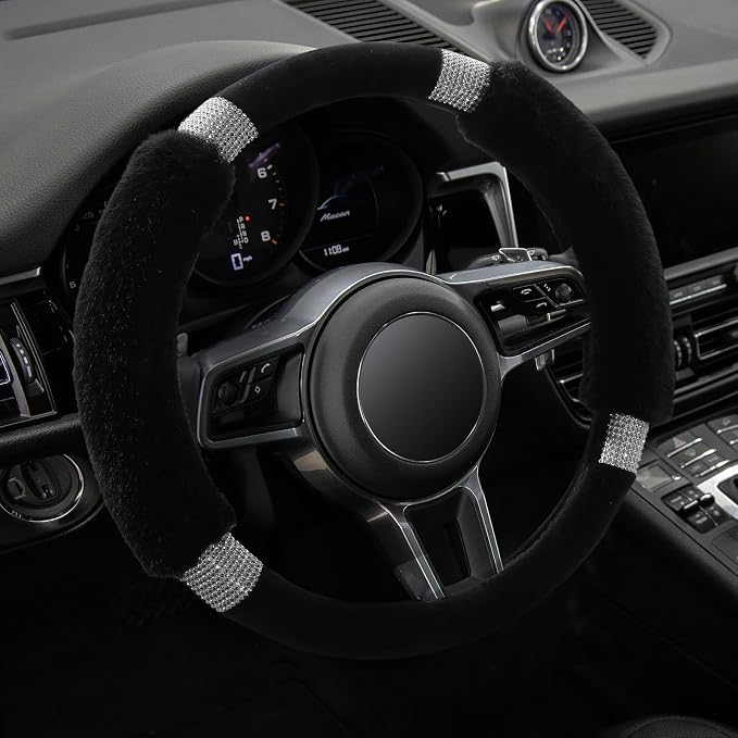 Rhinestone Fluffy Steering Wheel Cover - Comfortable Non-Slip Luxury Faux Wool, Universal Fit for 14.5" to 15" Steering Wheels