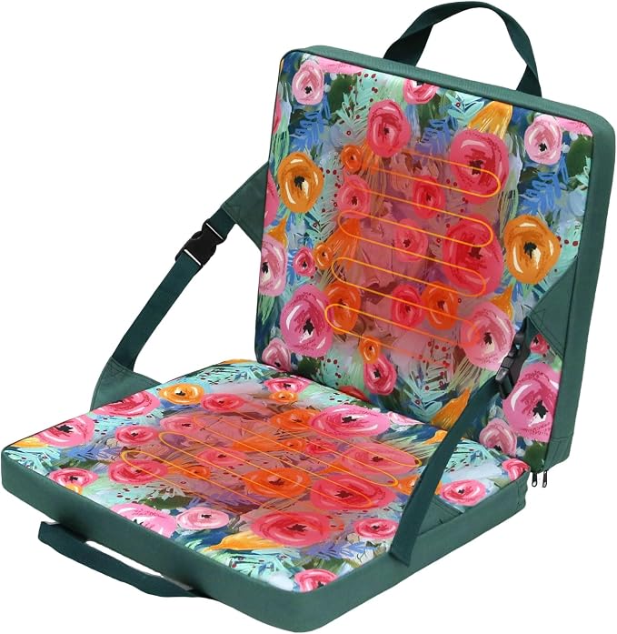 Heated Stadium Seats with Backrest Foldable(No Power Bank), Cushion Pad Portable, Thick Padded with Handle, Ideal for Camping Sporting Events Concerts (Green Floral)