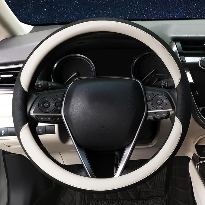 Steering Wheel Cover Universal Standard Size 14.5-15 inch, Non-Folding Packaging, Microfiber Leather, Anti-Slip, Soft Grip, Fits Most Cars SUVs Trucks, Black and Light Creamy White