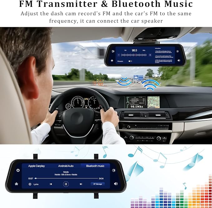 Rear View Mirror Camera with Carplay&Android Auto,9.66" 1080P Mirror Dash Cam Front and Rear with Voice Control,Night Vision,Parking Monitoring,Reverse Assist Free 64GB Card for Cars&Trucks