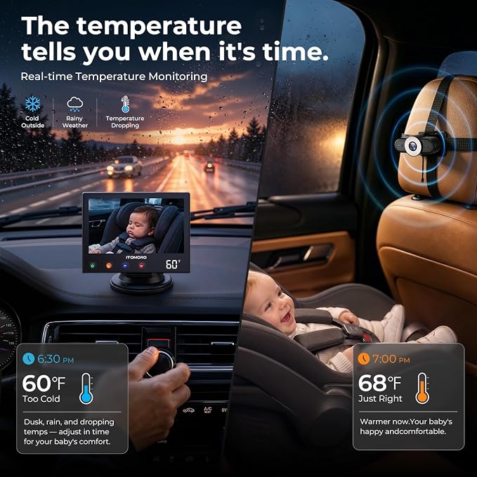 Baby Car Camera with Real-Time Temp Display for Car Seat & Vehicles | Real-Time Cabin Temperature Display