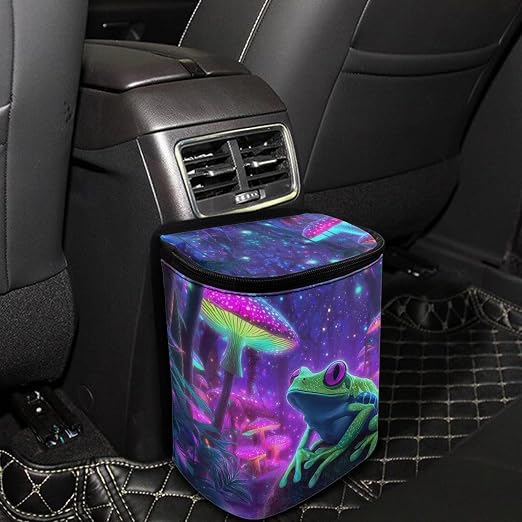 Frog Mushroom Galaxy Print Car Trash Can with Lid, Leak Proof Auto Trash Bag Hanging Vehicle Garbage Can Multipurpose Storage Container for Back Seat Road Trip