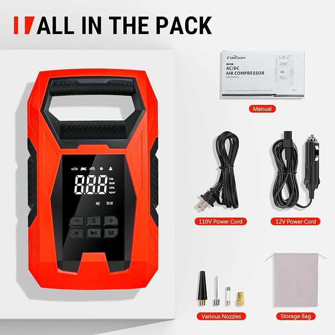 AC/DC Tire Inflator Portable Air Compressor, Dual Power for Home 110V AC and Car 12V DC Air Pump with Pressure Gauge, Auto Shutoff, Tire Pump for Car Motorcycle Bike and Other Inflatables, Red
