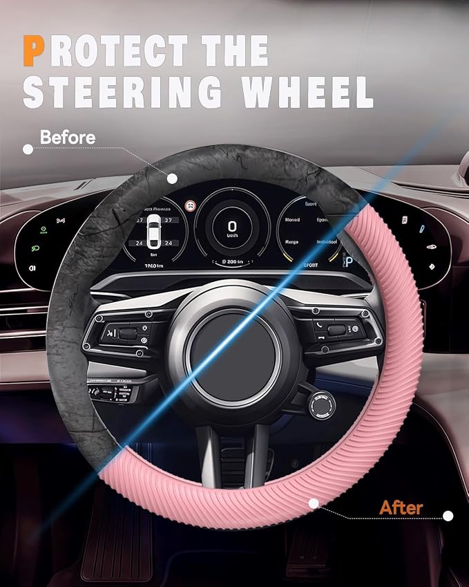 Car Steering Wheel Cover, Thin Anti-Skid Silicone Steering Wheel Cover for Men & Women, Universal Automotive Interior Accessories for Most Cars (Pink)