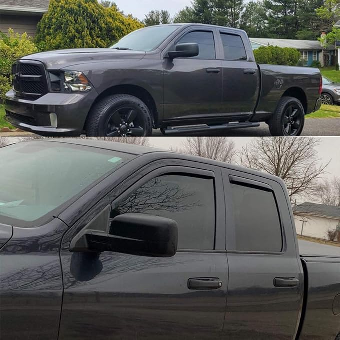 194101 Extra Durable Clip-on In-Channel Auto Vent Window Visors, Fits 2009-2010 Dodge Ram 1500, 2011-2018 Ram 1500, 2019-2024 Ram 1500 Classic, Quad Cab, UV-Protect Rain Guard, Smoke, 4-Pcs