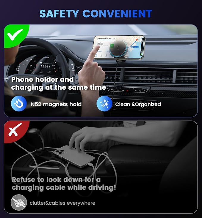 Magnetic Car Mount Charger 15W Magnetic Wireless Car Charger for iPhone 17 Accessories Magnetic Phone Holder for Car 3 in 1 Magnetic Car Mount for iPhone17Pro/16/15/14/13/12 Series Gifts for Men Women