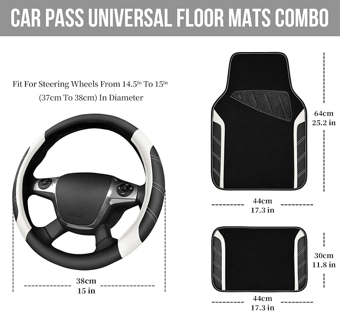 Leather Steering Wheel Cover and Waterproof Car Floor Mats, Microfiber Universal Car Combo Fit for 95% Sedan SUV Van,14.5-15 inch Sporty Anti-Slip Safety Comfortable Design, Black＆White