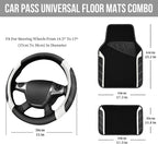 Leather Steering Wheel Cover and Waterproof Car Floor Mats, Microfiber Universal Car Combo Fit for 95% Sedan SUV Van,14.5-15 inch Sporty Anti-Slip Safety Comfortable Design, Black＆White