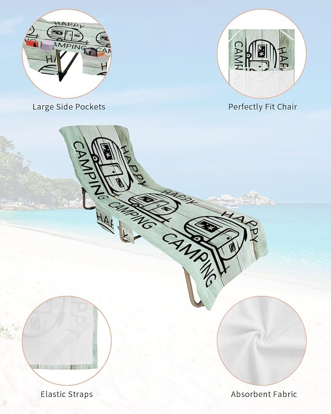 Camping Car Beach Chair Cover, Outdoor Chaise Lounge Cover for Patio Pool Sunbathing, Farmhouse Cabin Retro Green Wooden Grain Beach Chair Towel Microfiber Lounge Chair Towel Covers with Side Pockets