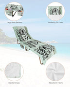 Camping Car Beach Chair Cover, Outdoor Chaise Lounge Cover for Patio Pool Sunbathing, Farmhouse Cabin Retro Green Wooden Grain Beach Chair Towel Microfiber Lounge Chair Towel Covers with Side Pockets