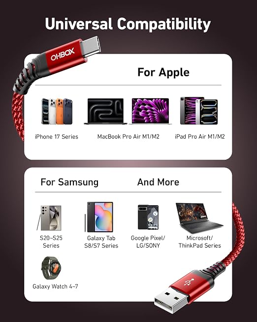 USB to USB C Cable Fast Charging [2 Pack 10FT], USB A to USB C Cable for Car, Durable Braided USB Type C iPhone Charger USBC Cord for iPhone 17/16/15/Pro Max/Plus, Samsung Galaxy S23 and More-Red