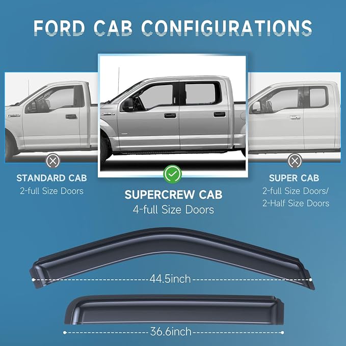 Rain Guards Fit for Ford F150 Super Crew 2015-2026, Tape-on Side Windows Wind Deflectors for Ford F250, F350, F450, F550 2017-2022, Window Rain Guard for Trucks - 4 PCS