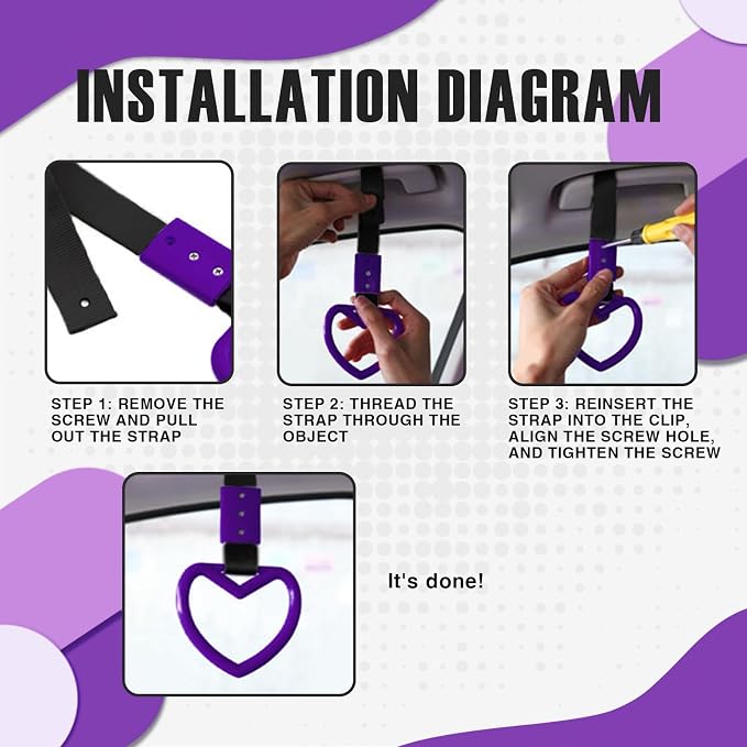 2PCS Heart Shaped Car Handle Straps, Rear Bumper Warning Keychain Ring for Car Exterior Accessories (Purple)