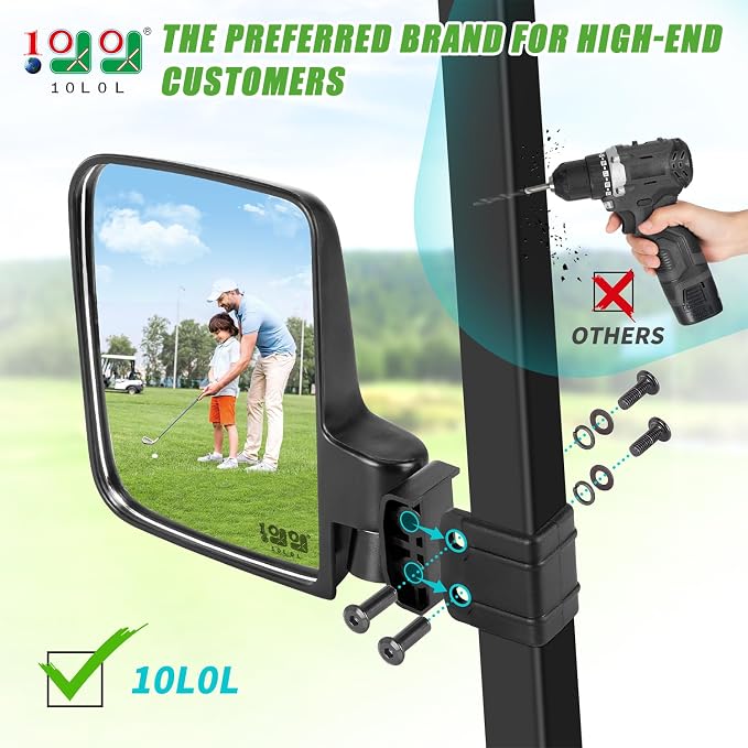 Golf Cart Mirror No Drilling Side Mirrors Universal for Yamaha, Club Car, EZGO, Folding Side Rear View Mirrors Adjustable 180 Degree HD Glass