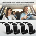 Car Headrest Hooks – 4-Pack Black, 13 lbs Capacity | Hang purses, coats, umbrellas & grocery bags. Universal fit for most headrests. ABS design keeps car tidy & clutter‑free.