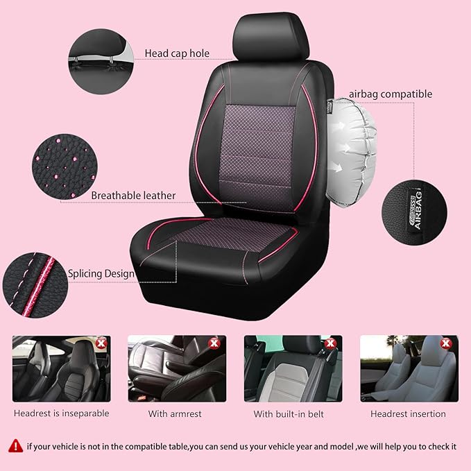 Piping PU Leather Car Seat Cover Full Set,Inside Zipper Design and Reserved Opening Holes，Airbag Compatible,Universal FIT for Car, SUVs,Van,Trucks（Full Set, Black & Pink）