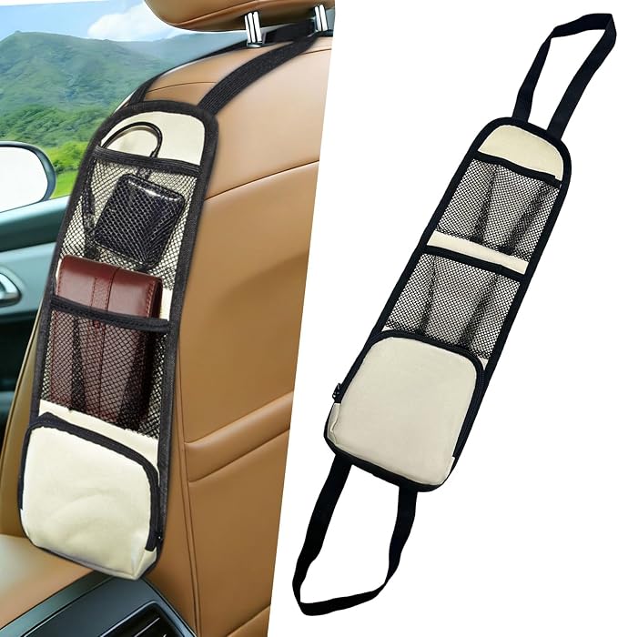 Car Seat Side Storage Pocket, Car Multifunctional Seat Organizer Hanging Bag, Auto Mobile Phone Wallet Sunglasses Mesh Net Pocket, Auto Accessories for Cars SUVs Trucks (Beige, 1PCS)