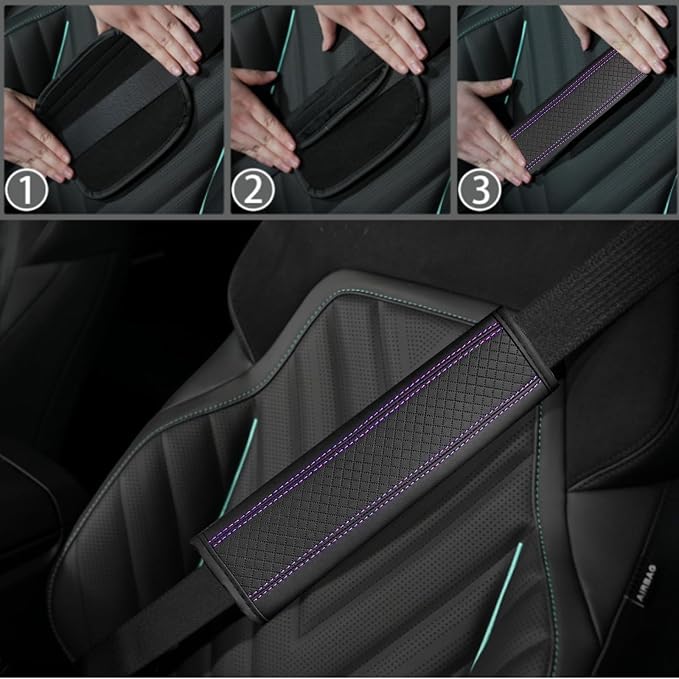 10 Pcs Car Floor Mats Full Set Car Accessories, Microfiber Leather Steering Wheel Covers 14.5-15 inch, Center Console Cover, Seat Belt Pads, Cup Coasters, Universal Interior Decor(Purple)