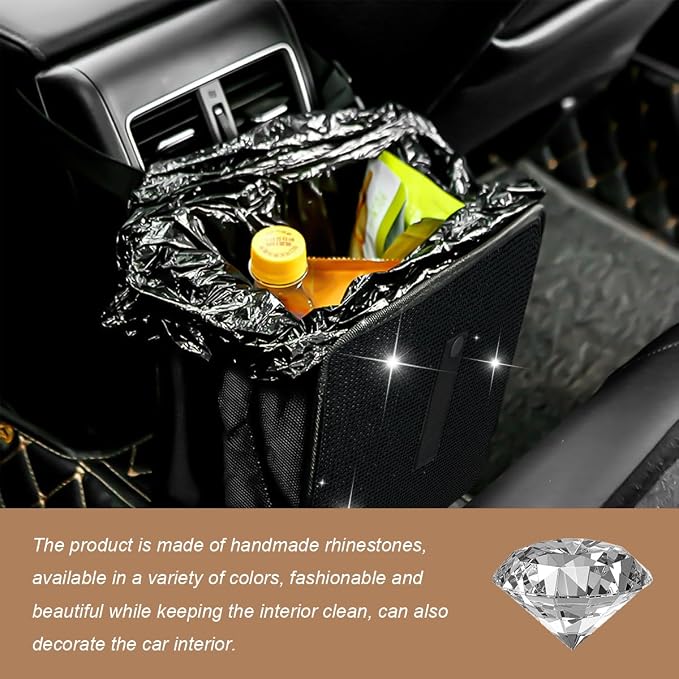 Car Trash Can, Bling Rhinestone Crystal Waterproof Hanging Garbage Bag for Car Interior, Oxford Leakproof Foldable Waste Organizer Trash Bin Universal for Most Vehicles (Black)