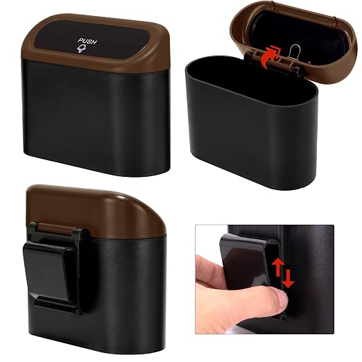 Mini Car Trash Can with Lid, Small Car Garbage Can, Cute Leakproof ABS Car Trash Bin, Car Accessories for Interior, Garbage Bin for Car, Home, Office with 60pcs Trash Bags Black/Brown