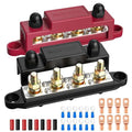 Power Distribution Block Bus Bar, 4 x 3/8" Post Marine Bus Bar Battery Busbar Terminal Block with Cover, Lugs, Ring Terminals (Pair, Red & Black)