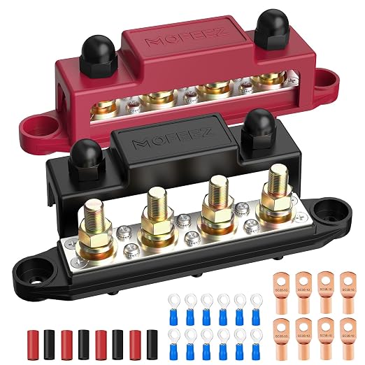 Power Distribution Block Bus Bar, 4 x 3/8" Post Marine Bus Bar Battery Busbar Terminal Block with Cover, Lugs, Ring Terminals (Pair, Red & Black)