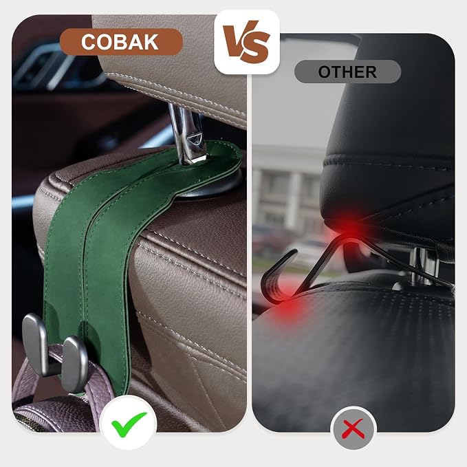 CoBak Purse Hook for Car - Universal Premium Stitched Leather and Aluminum-Magnesium Alloy Double Car Seat Back Storage Hook for Purses, Handbags, Bags (2 Pack),Emerald