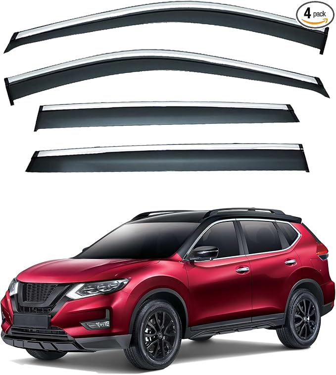 4pcs Smoke Tint with Chrome Trim Outside Mount Tape On/Clip On Style PVC Sun Rain Guard Vent Window Visors Compatible with for 14-20 X-Trail/Rogue