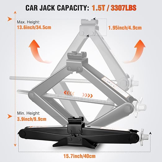 Scissor Jack Kit for Car 1.5 Ton(3307 lbs), Heavy Duty Portable Steel Scissor Lift Jack Car Tire Changing Kit with Ratchet & Lug Wrench for Sedan SUV MPV, 3.9''-13.6'' Lifting Range, Black