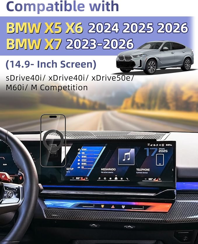 PZK Car Phone Mount for BMW X5 X6 2024-2026 & BMW X7 2023-2026 Accessories | Magnetic Car Phone Holder Custom 14.9-inch Screen Compatible with MagSafe 360° Rotation with Storage Box Not Affect Vent