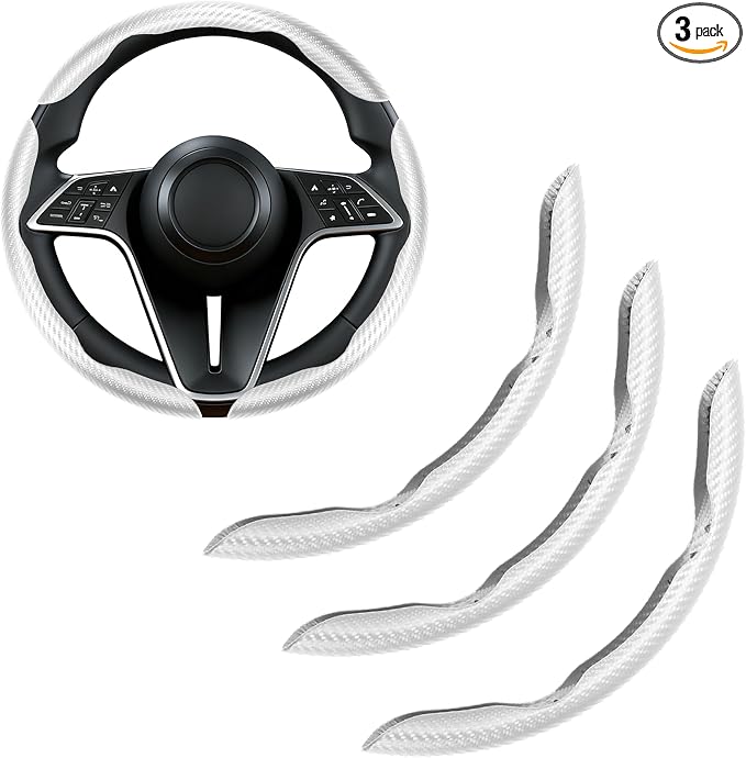 3Pcs Carbon Fiber Steering Wheel Cover Universal Fit 99% Cars | Non-slip soft grip, easy to wipe clean, quick to install, perfect for daily commutes and road trips, White